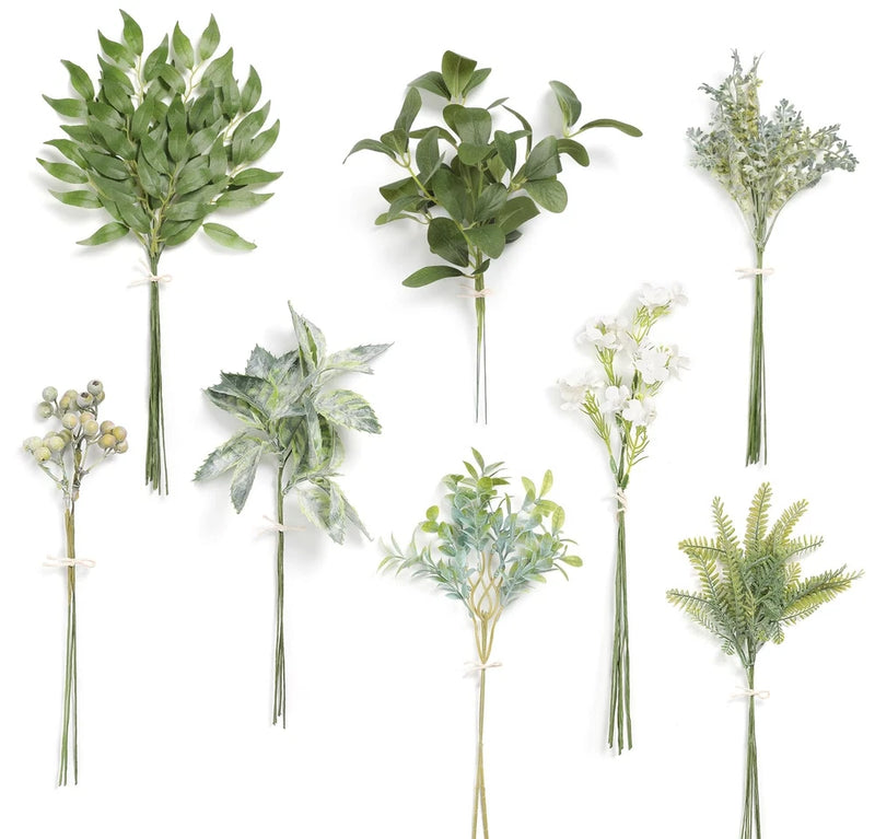 Faux greenery stems bunches in mixed leaves and flowers, bundle set of artificial plants
