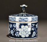 5.6" Marked Chinese Blue White Porcelain Peony Flower cover jar pot Peony