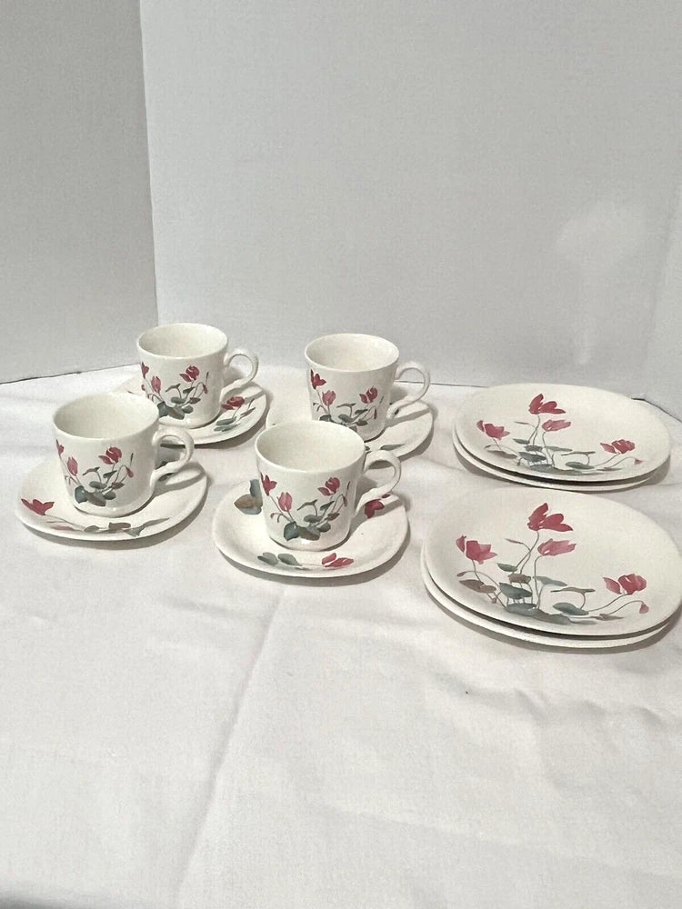 Floral dessert plate and teacup set with pink lilies, matching saucers