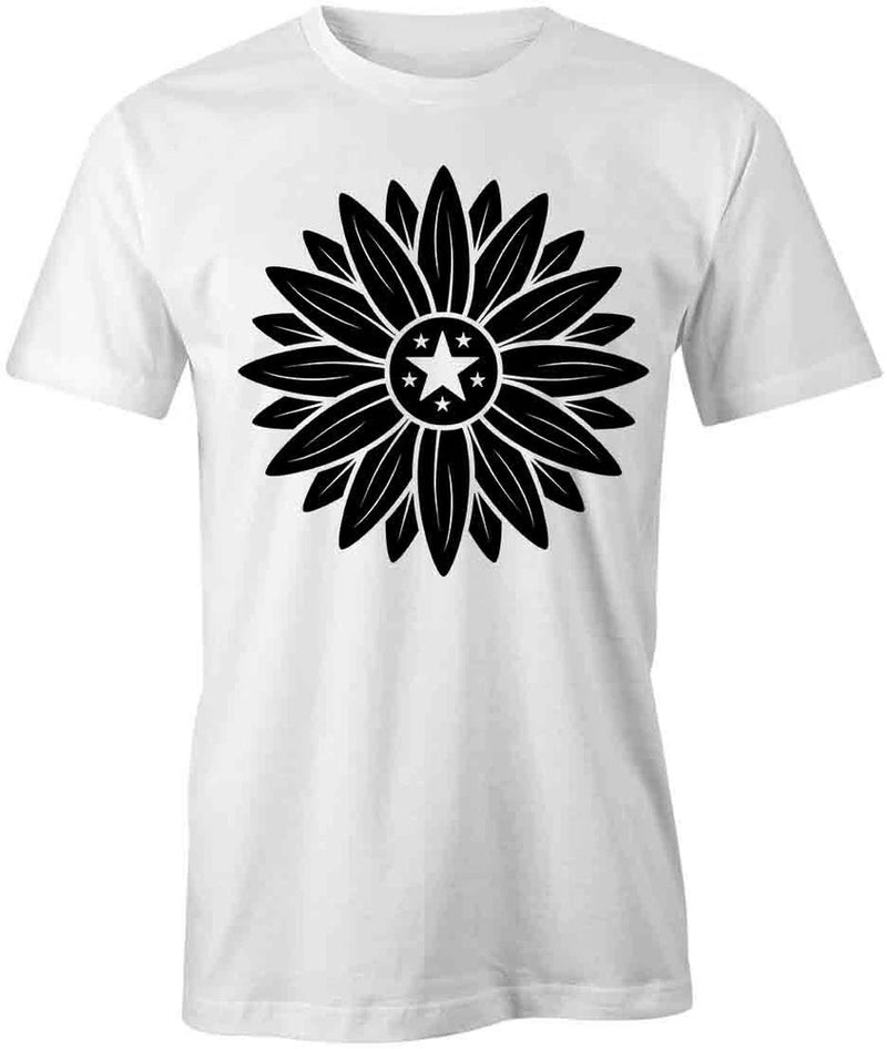 White cotton short-sleeve T-shirt with black sunflower graphic on front