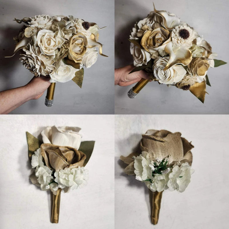 Champagne Gold Ivory Rose Calla Lily Sola Bridal Wedding Bouquet Accessories Bouquet