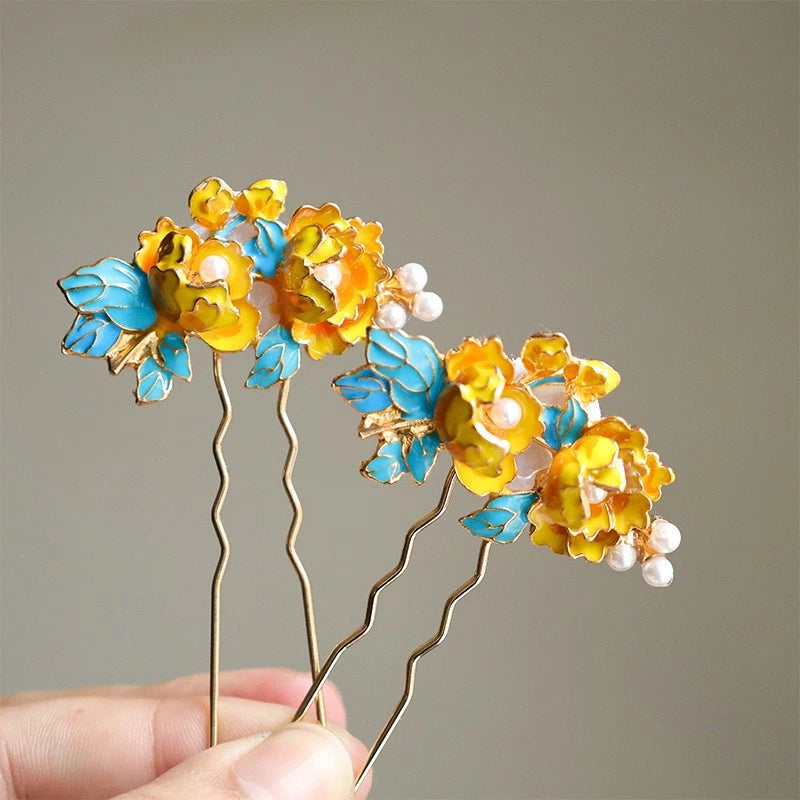 Set of peony flower hairpins with yellow petals, blue leaves, and white pearl accents