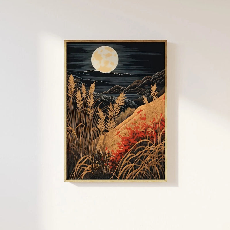 Moon and pampas grass vintage block poster Choose your Size Pampas Grass