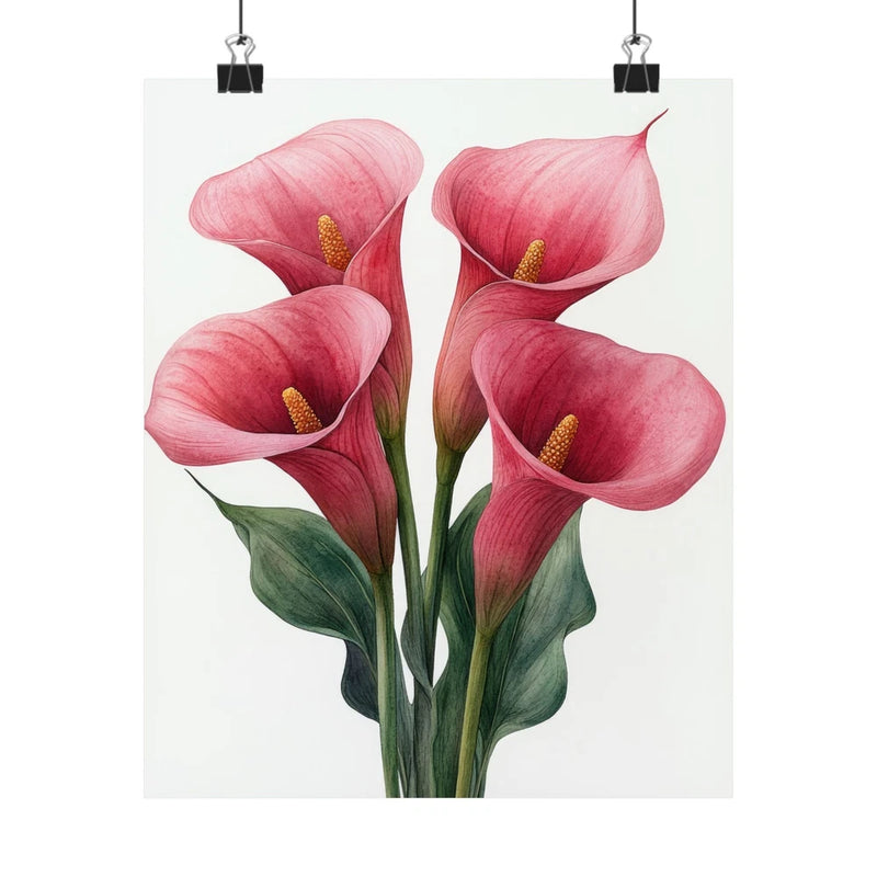 Pink calla lilies flower art print poster with three blossoms, minimalist floral design