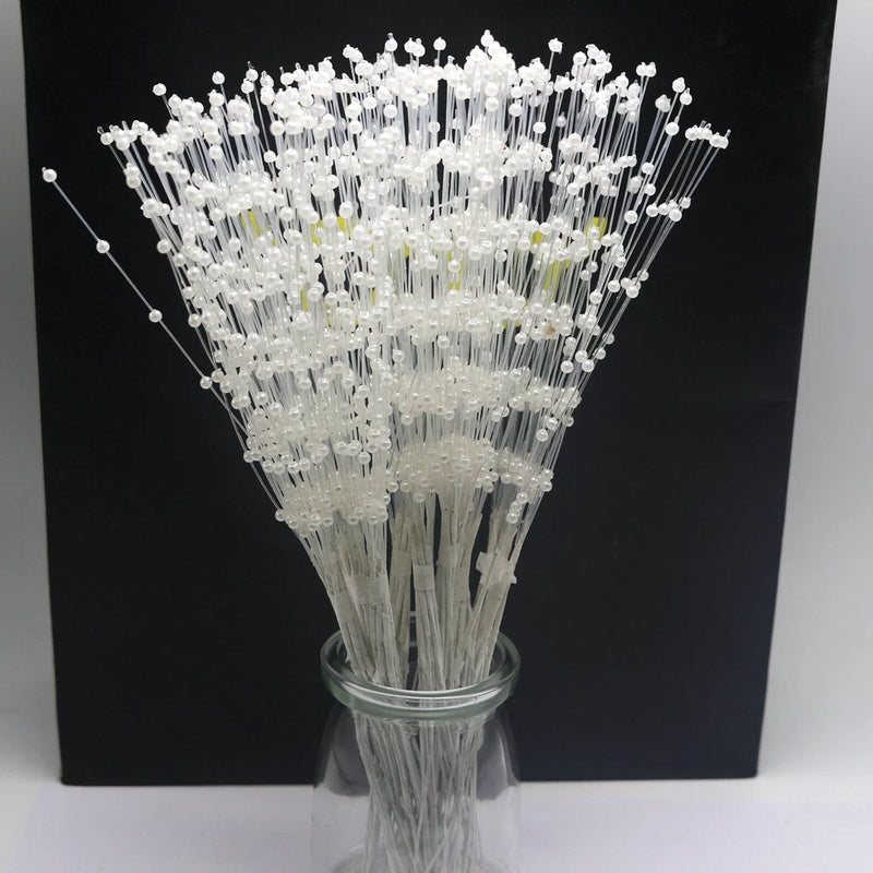 Pure white pearl flower stem beaded garland spray, multiple thin wire stems with small beads