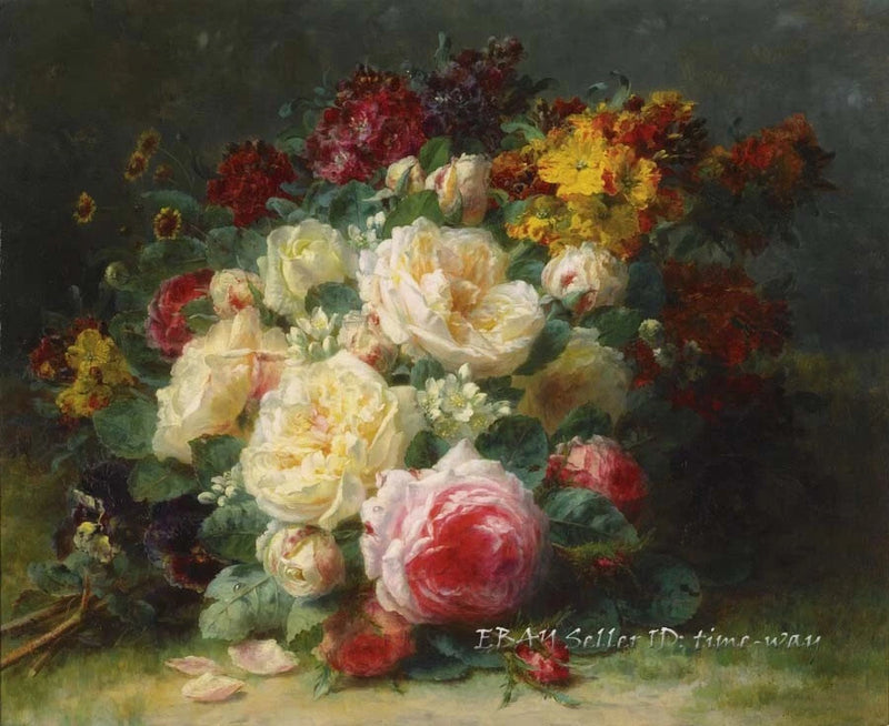 Canvas wall art of colorful rose bouquet with red, cream, and yellow blooms