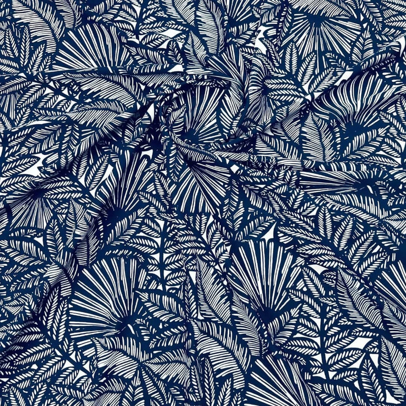 4-way Stretch Navy Blue Feathers Print Fabric 60" wide Swimsuit Spandex By Yard Flowering Plants