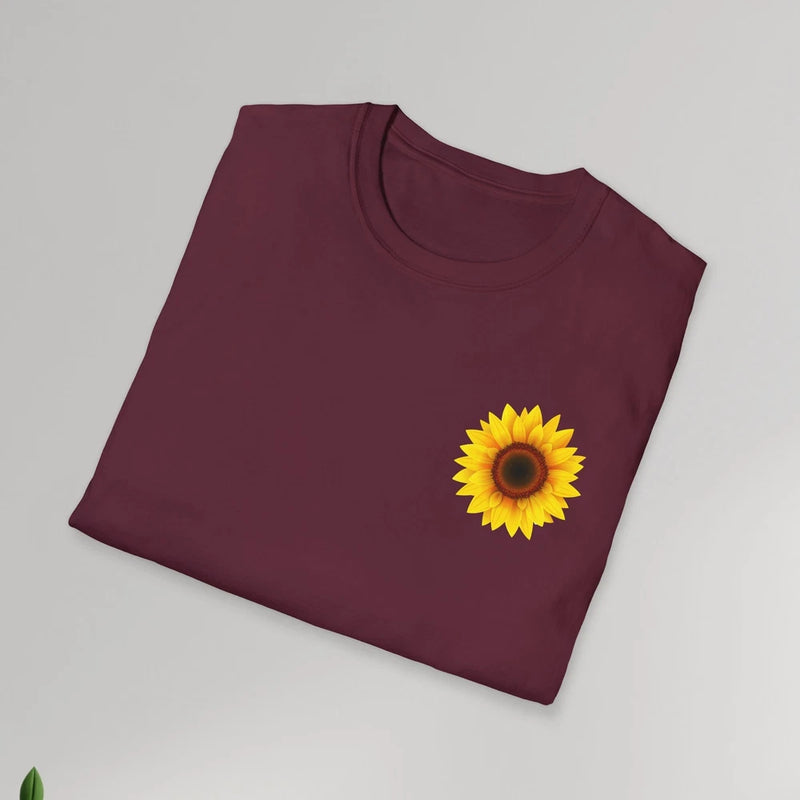 Unisex maroon T-shirt with small sunflower graphic on chest