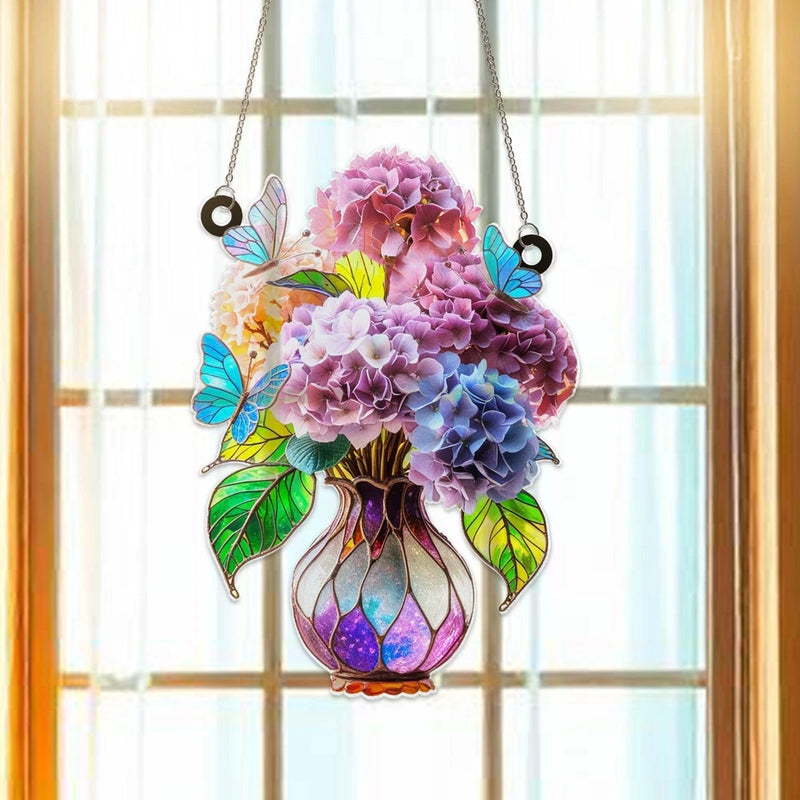 Hydrangea Bouquet with Butterflies Acrylic Suncatcher Window Hanging | Floral Hydrangea
