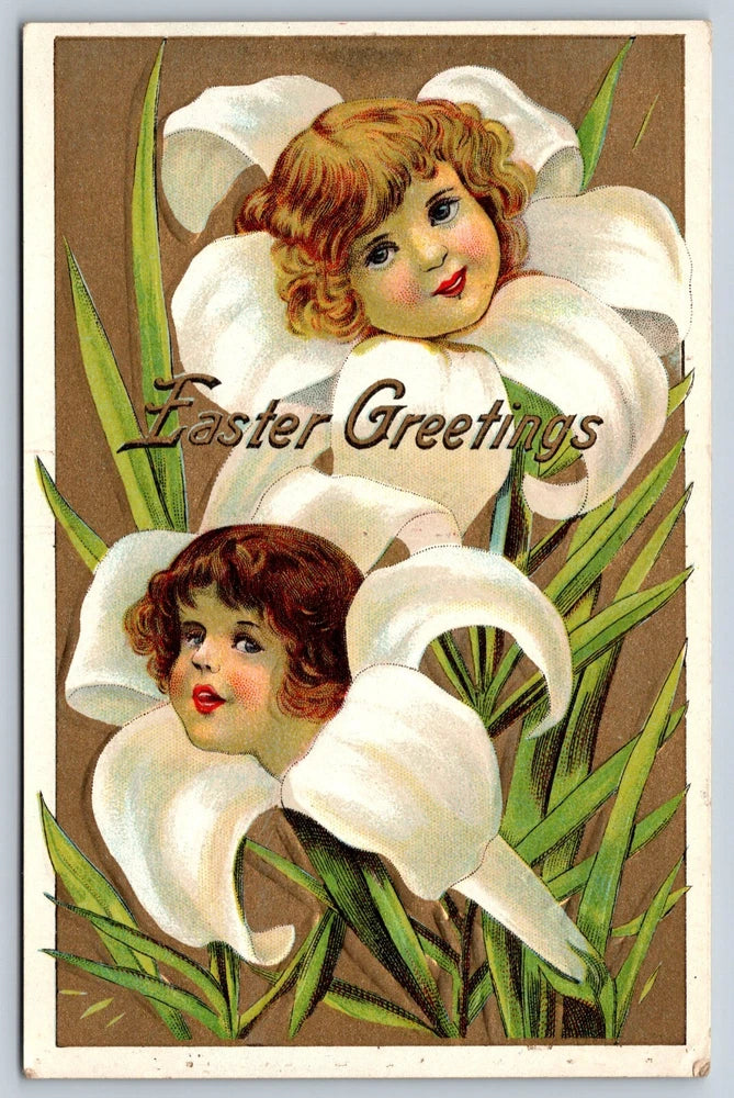 Easter Greetings Postcard Children Faces In White Lily Flowers Embossed Lily