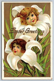 Easter Greetings Postcard Children Faces In White Lily Flowers Embossed Lily