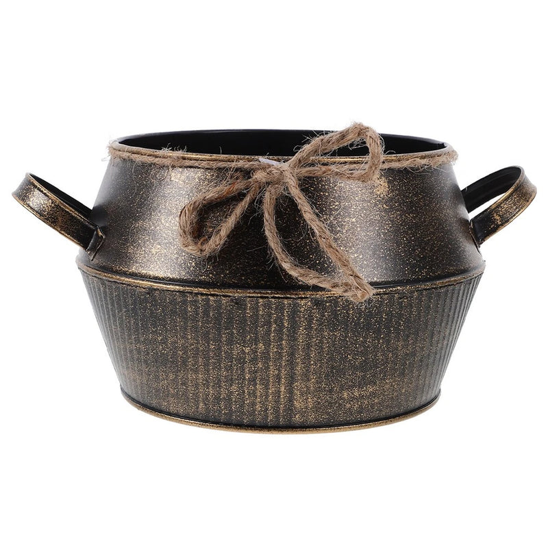 Rustic small metal flower pot planter with side handles and twine bow