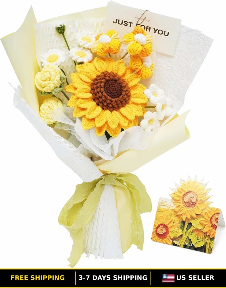 Handmade crochet sunflower bouquet with yellow and white flowers, wrapped with green bow and card