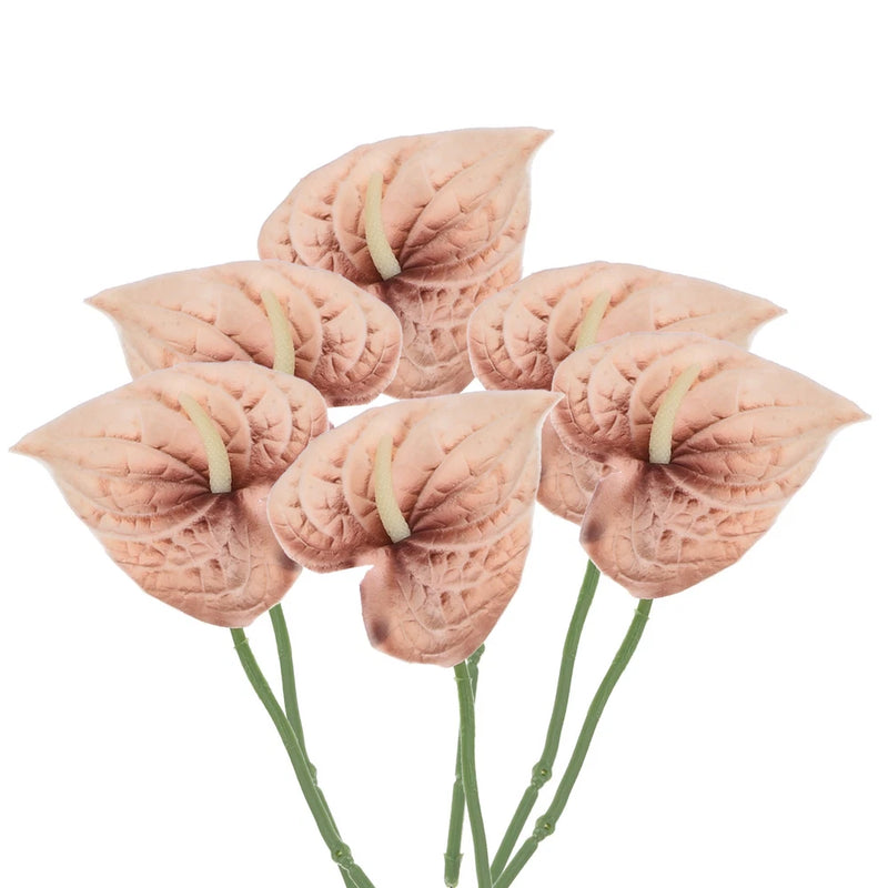 6Pcs 13" Artificial Anthurium Lily Flowers Floral Bouquet Decor, Tan Lily