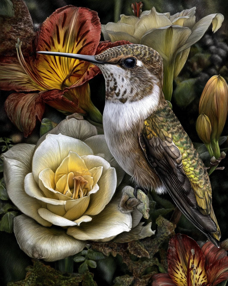 8x10 Hummingbird feeding among blooms - rose and lily flowers - 337506327 Lily