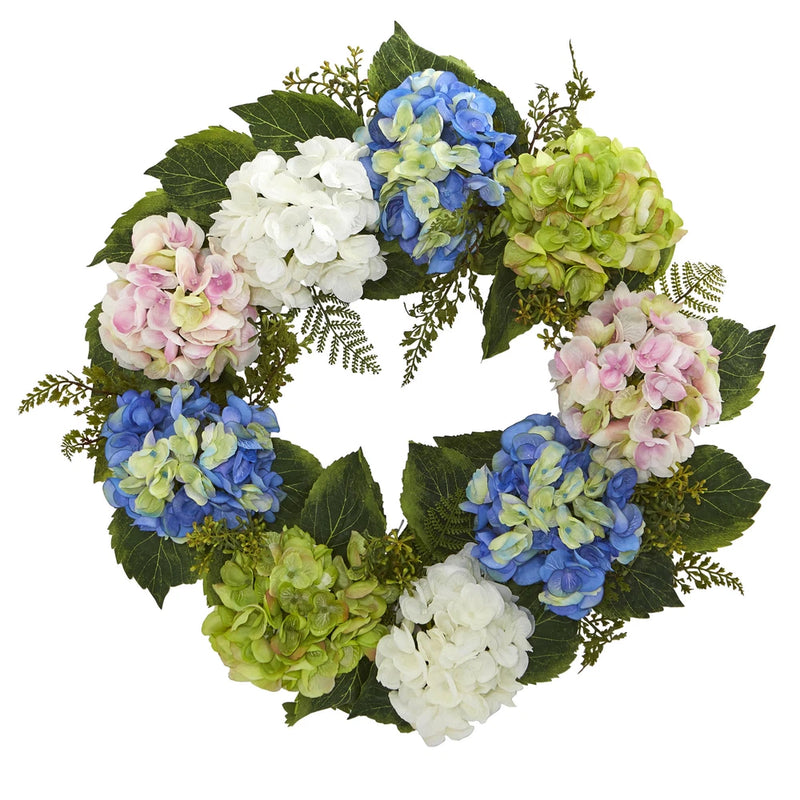 24Ó Hydrangea Wreath Pink Blue Green White Nearly Natural Floral Decor Hydrangea