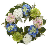 24Ó Hydrangea Wreath Pink Blue Green White Nearly Natural Floral Decor Hydrangea