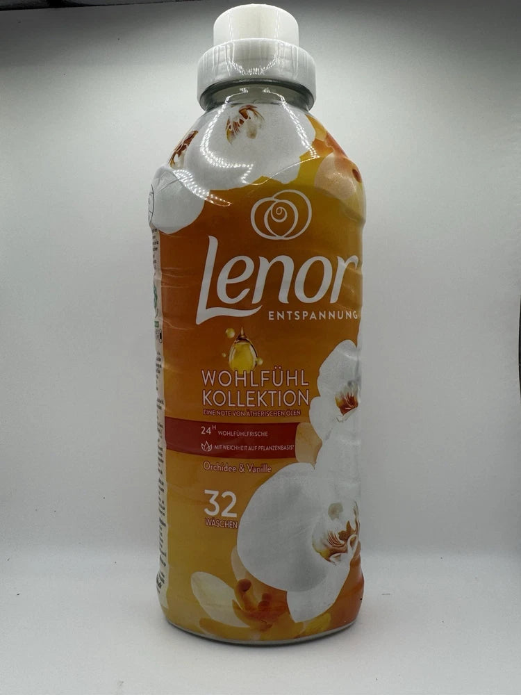 Lenor fabric softener bottle, orchid & vanilla scent, 32 wash load, white cap