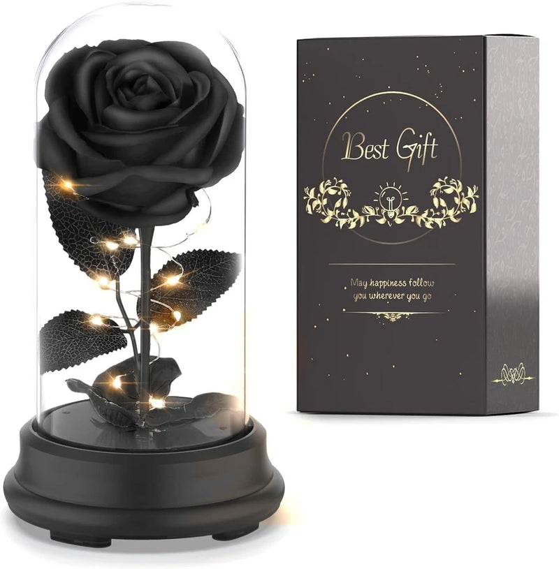 Preserved black rose gift with glass dome and LED lights, plus gift box