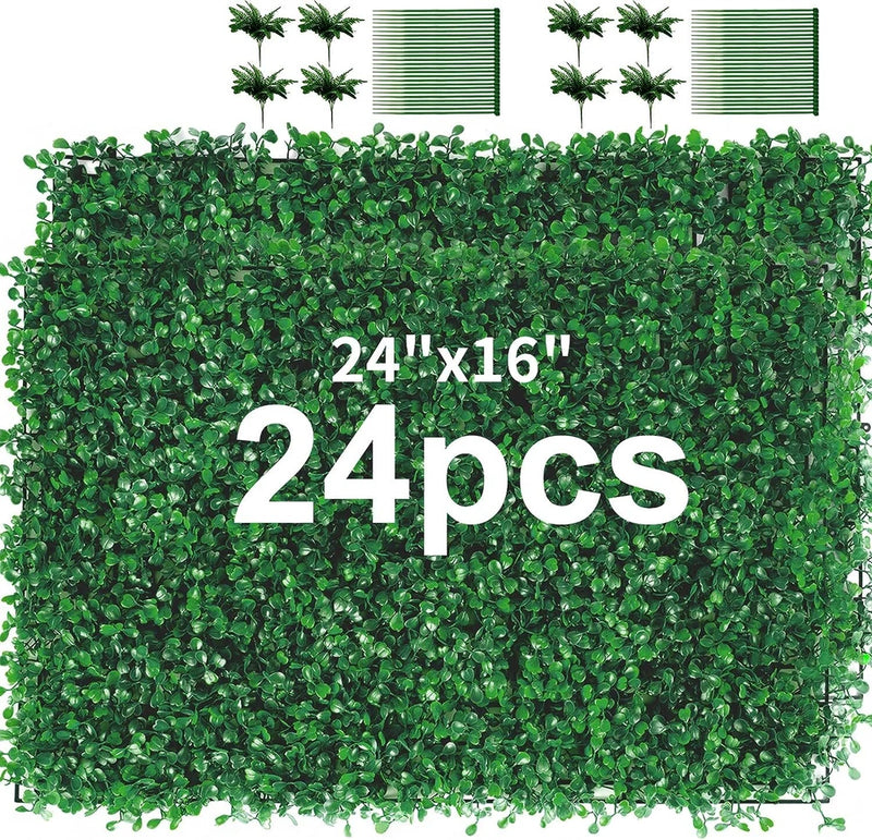 24pcs 24"x16" Artificial Boxwood Wall Hedge Mat Plant Panels Outdoor Grass Fence Green Plant