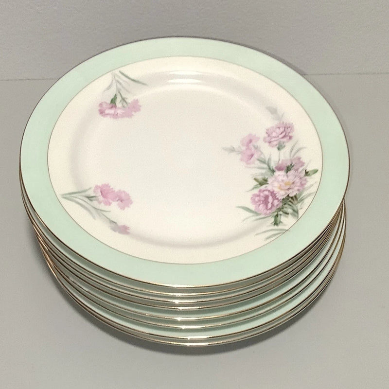 Noritake Mystery 7.75" Dessert Plates Set 8 Pink Carnation Sea Green Band Gold Carnation