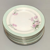 Noritake Mystery 7.75" Dessert Plates Set 8 Pink Carnation Sea Green Band Gold Carnation