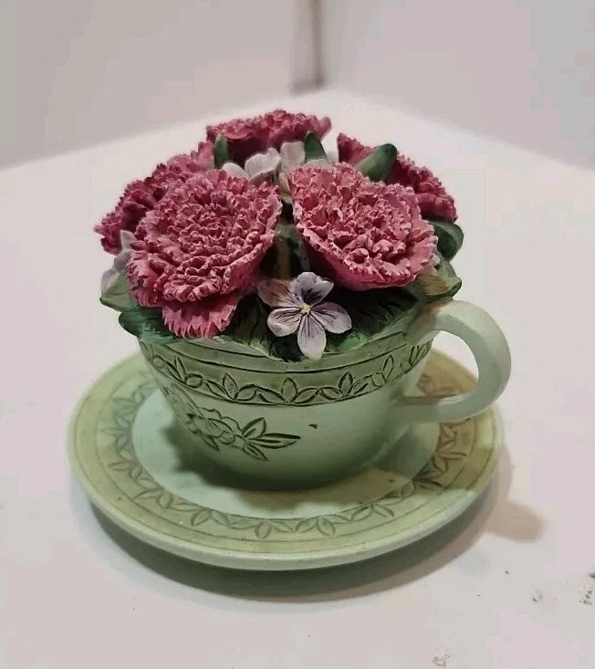Vtg Avon Flower Of The Month Green Teacup with Pink Carnations Figurine Carnation