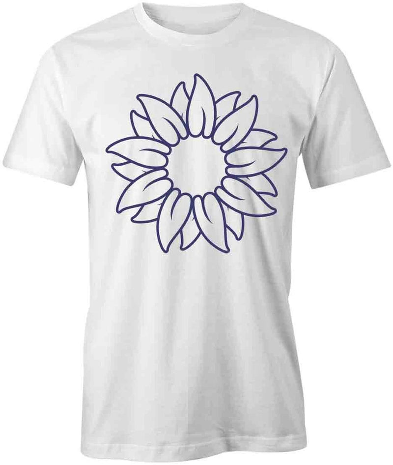 White cotton T-shirt with blue outline sunflower graphic, short sleeves