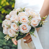 White Silk Rose Bridal Bouquet Handmade Artificial Wedding Flowers Bride Decor Bouquet