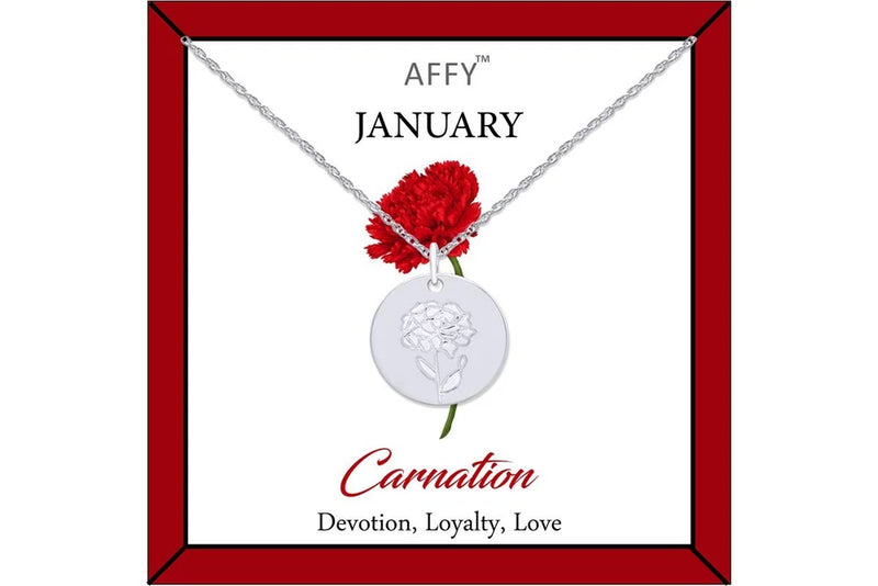 January Birth Month Carnation Flower Disc Pendant Necklace In White Gold Plated Carnation