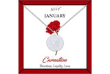 January Birth Month Carnation Flower Disc Pendant Necklace In White Gold Plated Carnation