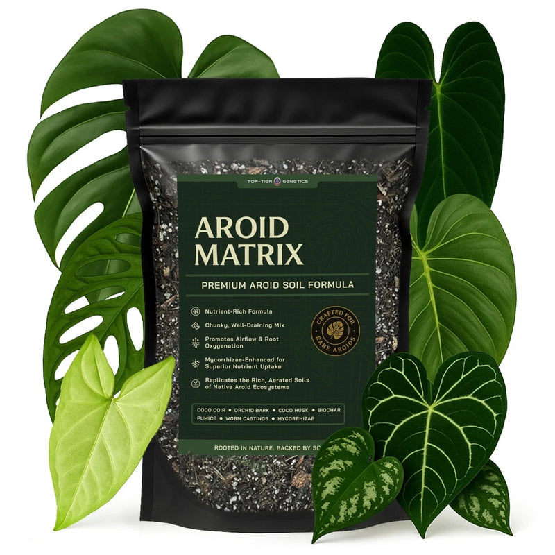 Aroid Matrix premium soil potting mix pouch, black bag with green label and text