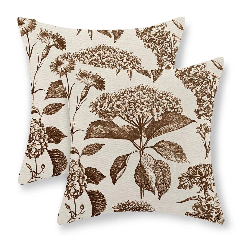 Brown Pillow Covers 20x20 Set of 2 Vintage Boho Floral Hydrangea Herbs Botani... Hydrangea