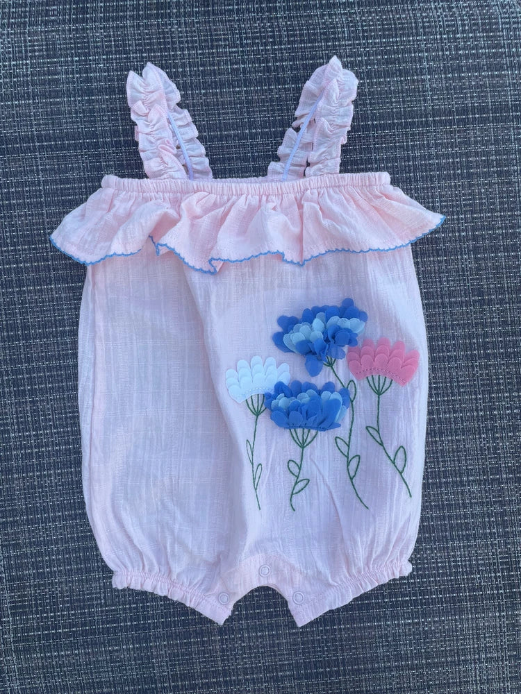 NWT Mud Pie Applique Flower Hydrangea Baby Romper 6-9 Months Hydrangea