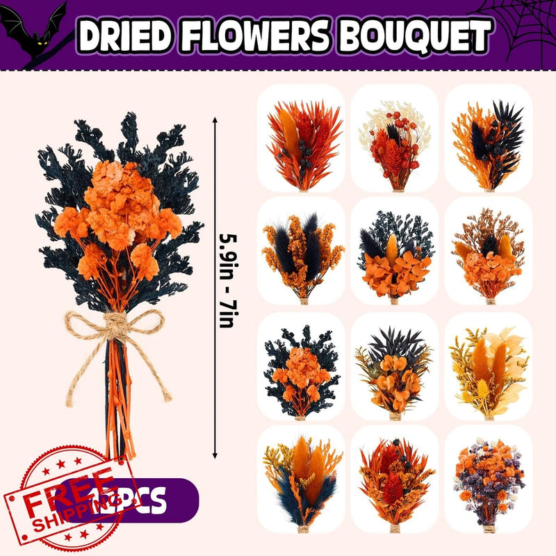 Dried mini wildflower bouquet with orange blooms and dark sprigs, tied with twine.