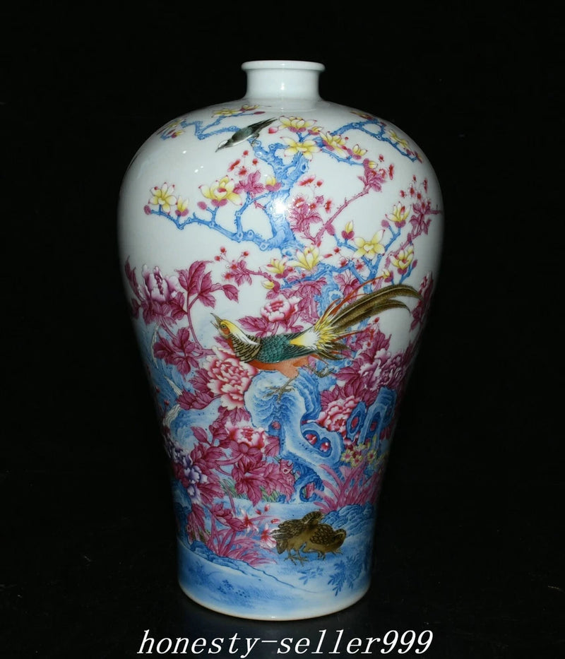 Tall porcelain bottle vase with colorful bird and peony floral decoration