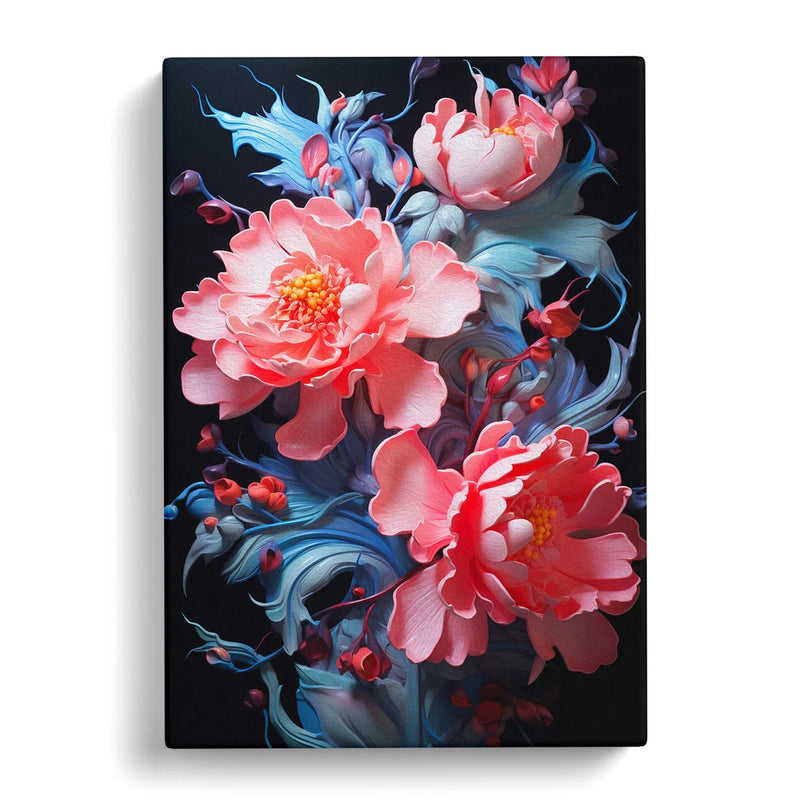 Framed canvas wall art print with pink and red peony flowers and blue accents