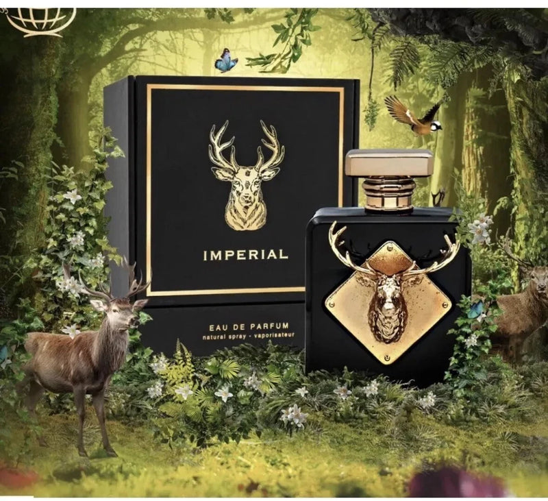 Unisex eau de parfum bottle with gold deer emblem