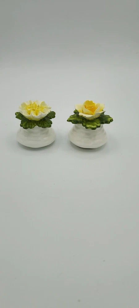 Yellow flower fine bone china salt and pepper shakers with green leaves