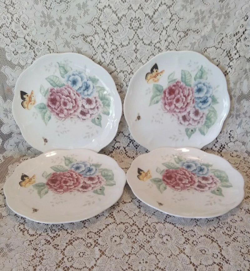 4 Salad Plates LENOX Butterfly Meadow Hydrangea Pink Blue Green Fine Bone China Hydrangea