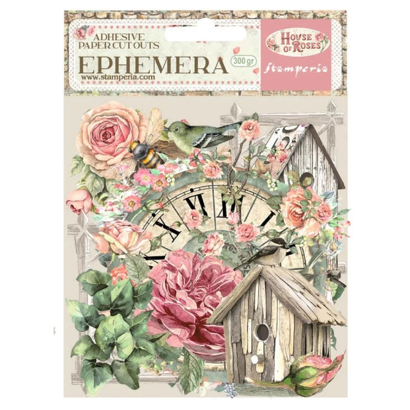Floral rose ephemera die cuts pack with small birdhouse and butterflies