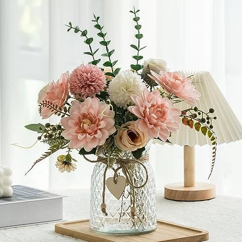 Fake Flowers with Vase,Faux Flowers in Vase for Home Decor,Silk Pink Dahlia Hydrangea