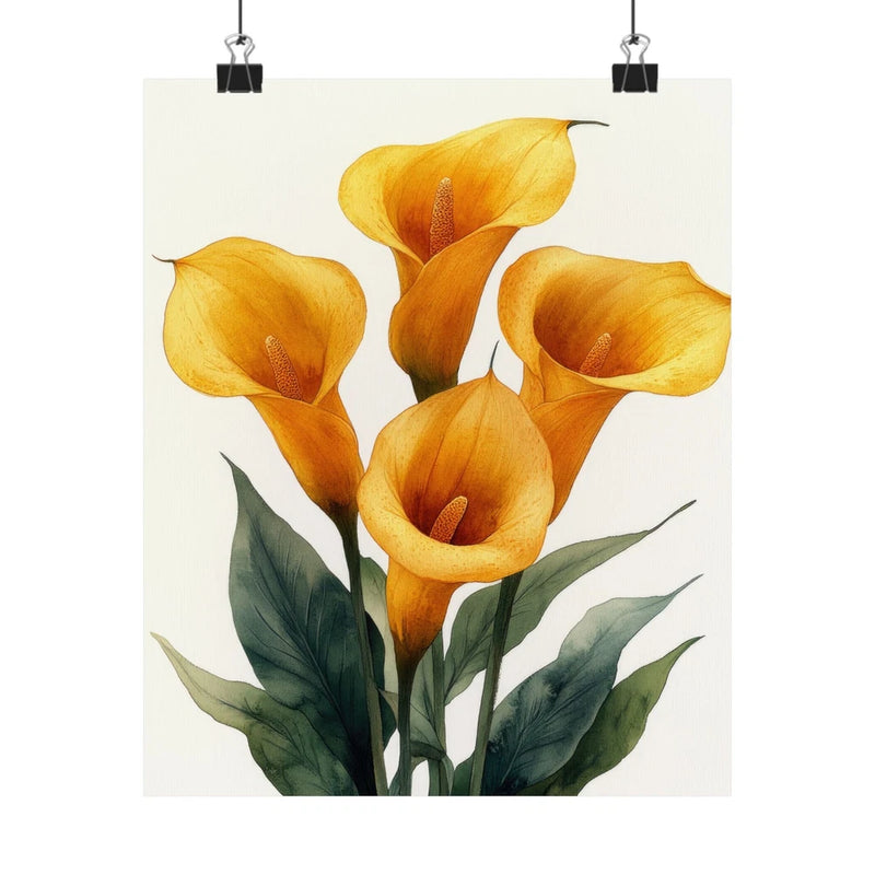 Yellow calla lily floral art print poster with orange blooms and green leaves