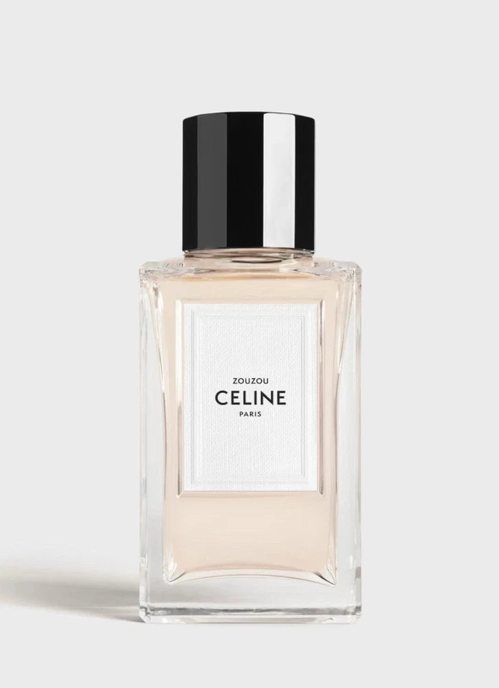 Celine Zouzou eau de parfum bottle, clear glass with black cap and rectangular label