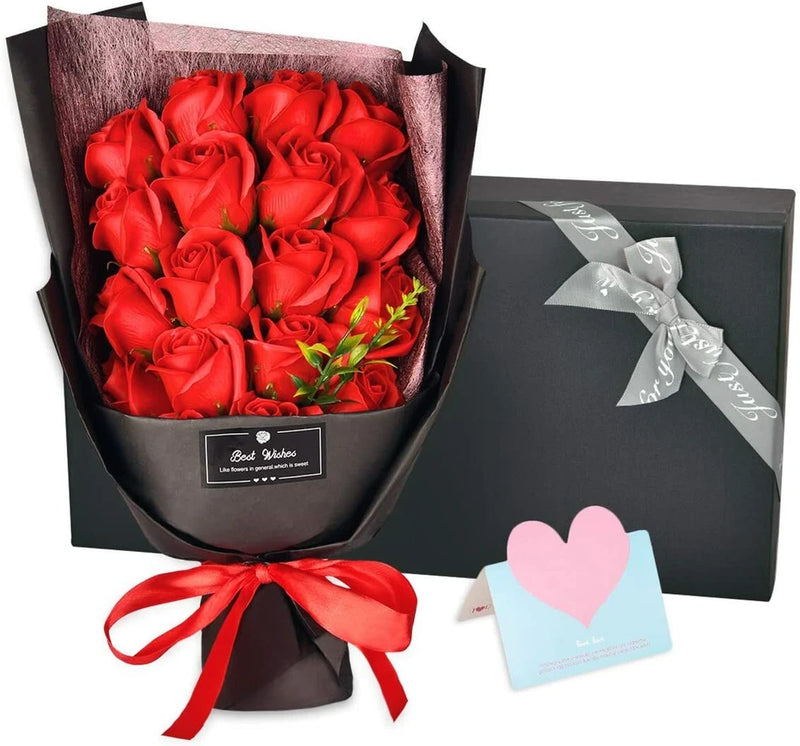 Red rose soap flower bouquet in black wrap with satin ribbon, gift box and heart card
