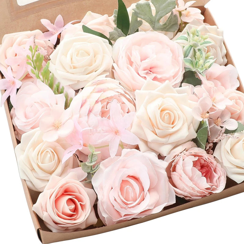 Blush artificial rose and peony flower arrangement with green leaves, in a gift box