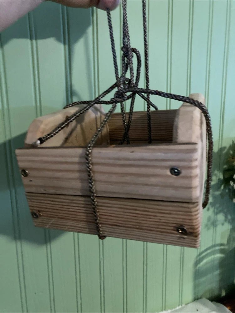 Square wooden hanging basket with black chain handles