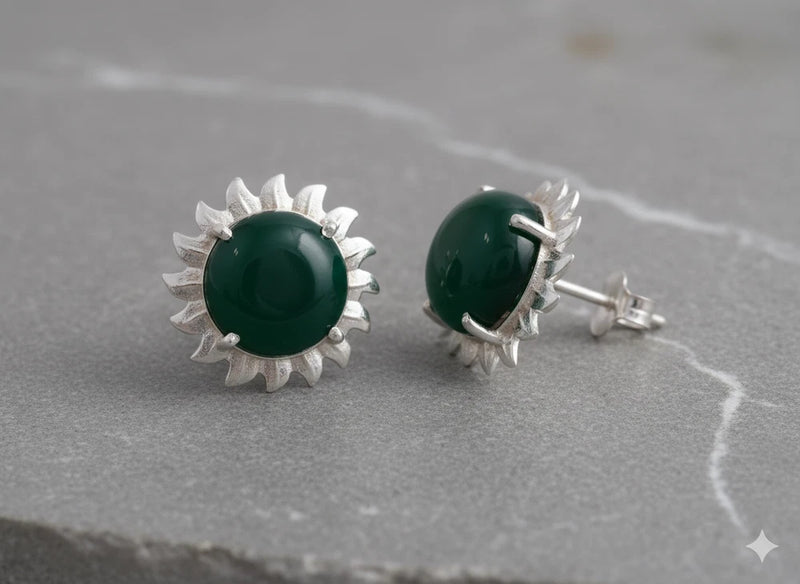 Sunflower stud earrings with green round gemstone and silver-tone prong setting
