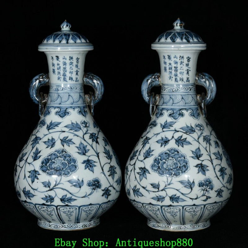 Pair of blue-and-white porcelain peony double-ear bottle vases, covered lids