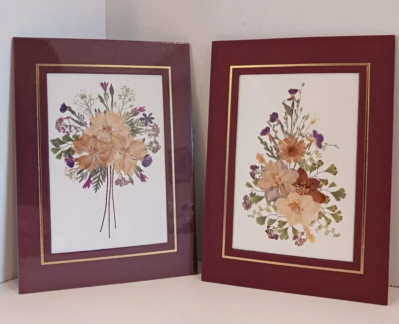 Pressed flower art set with burgundy mats and purple, beige dried-flower bouquets